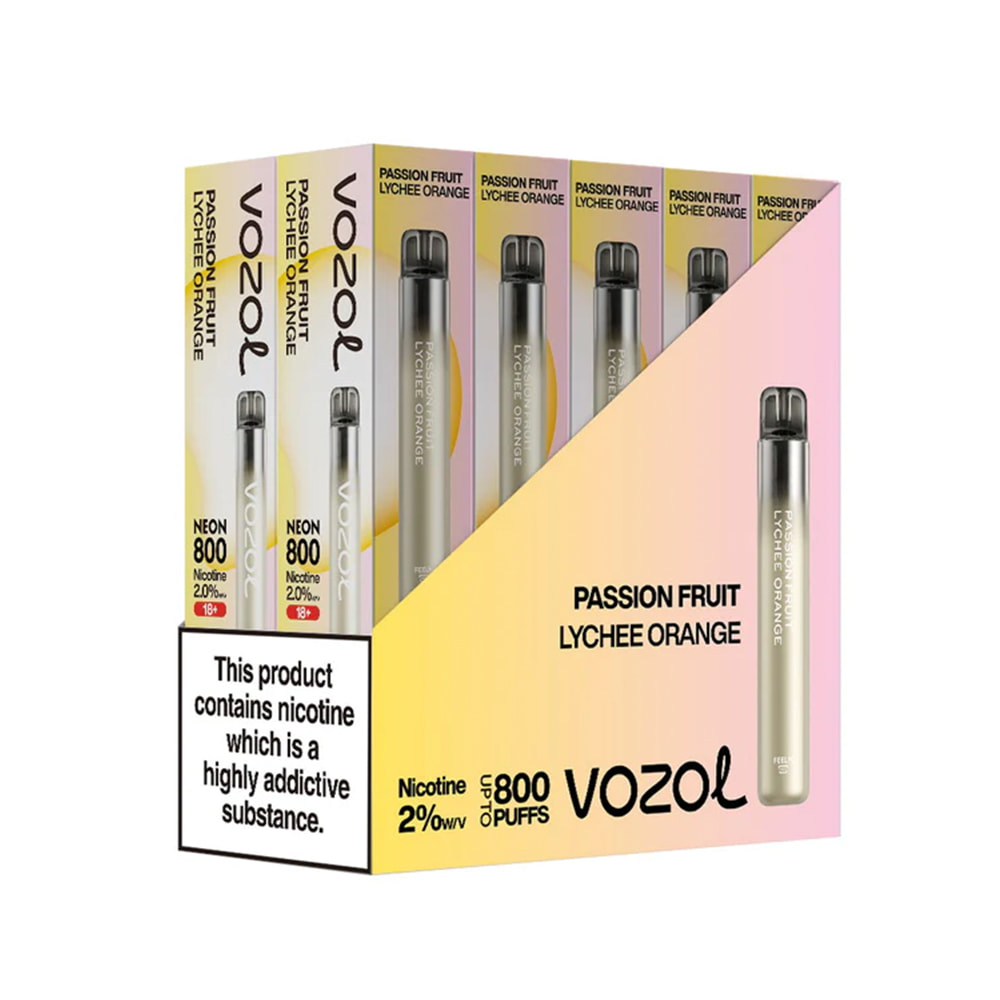 Vozol Neon 800 Vape μιας χρήσης 2ml 2%mg 800puffs Passion Fruit Lycee Orange